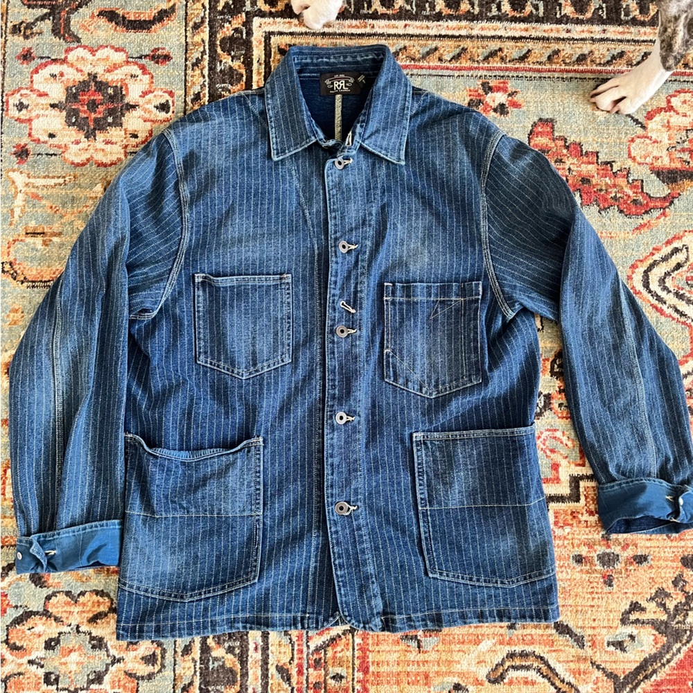 RRL Engineer Chore jacket, coat, vintage stripe blue, size large